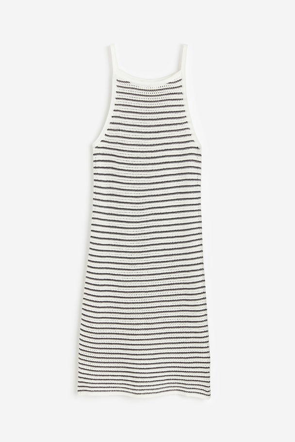 H&M Crochet-look Knitted Dress White/black Striped