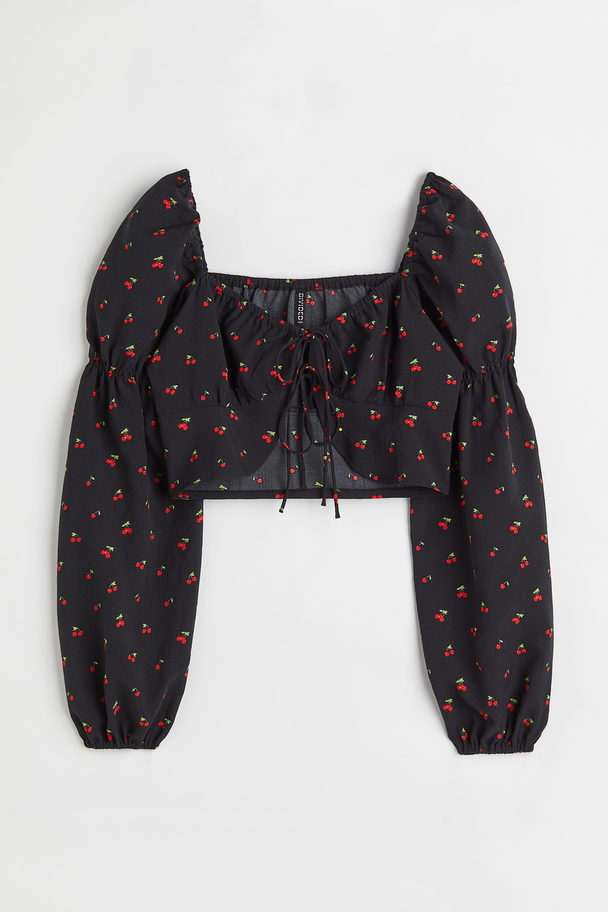 H&M Tie-front Long-sleeved Blouse Black/cherries