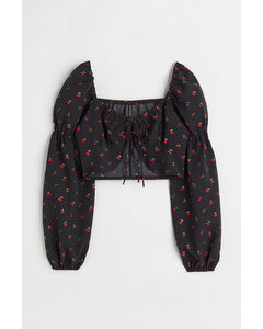 Tie-front Long-sleeved Blouse Black/cherries