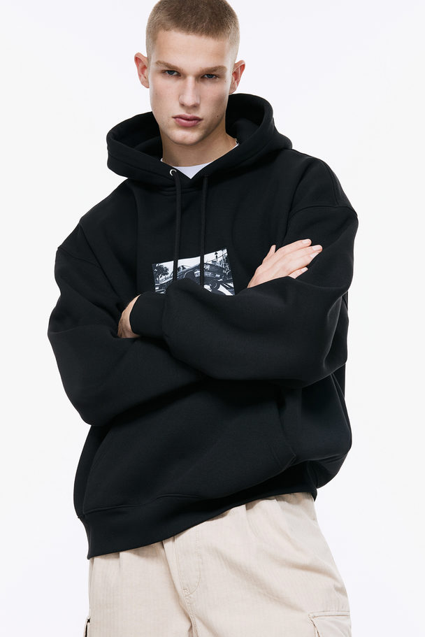 H&M Capuchonsweater Met Motief - Oversized Fit Zwart/auto