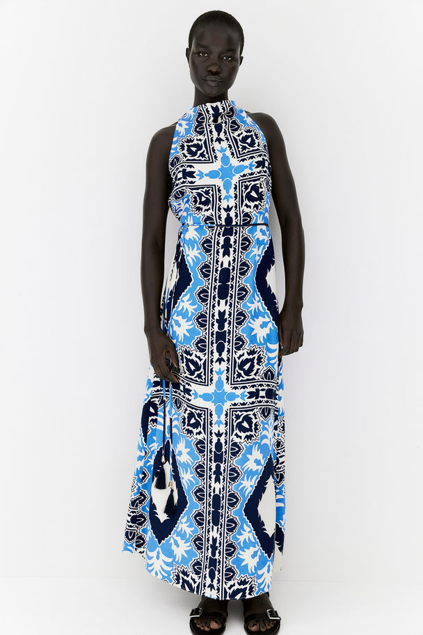 H&M Tie-belt Dress Cream/blue Patterned