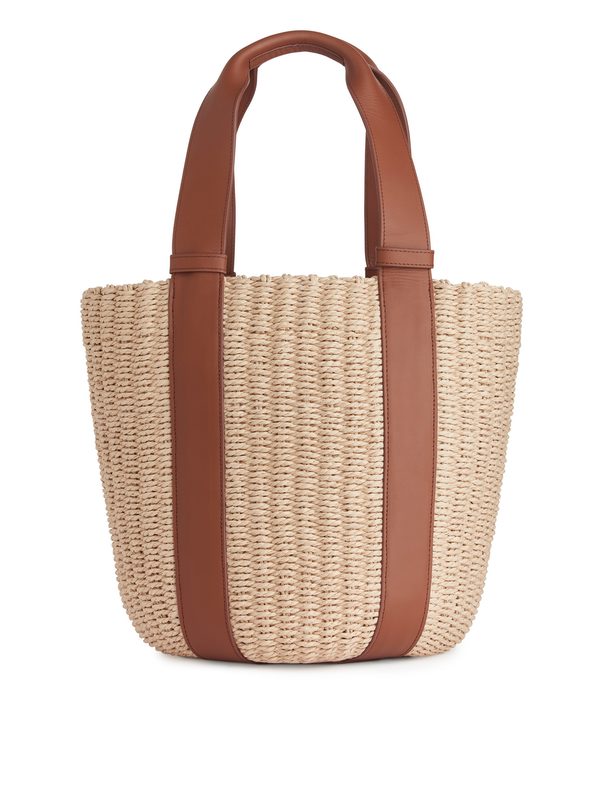 ARKET Leather-detailed Straw Tote Beige/brown