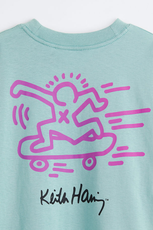 H&M Oversized Printed T-shirt Light Turquoise/keith Haring