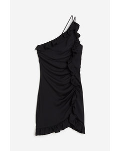 One-Shoulder-Kleid mit Volantbesatz Schwarz