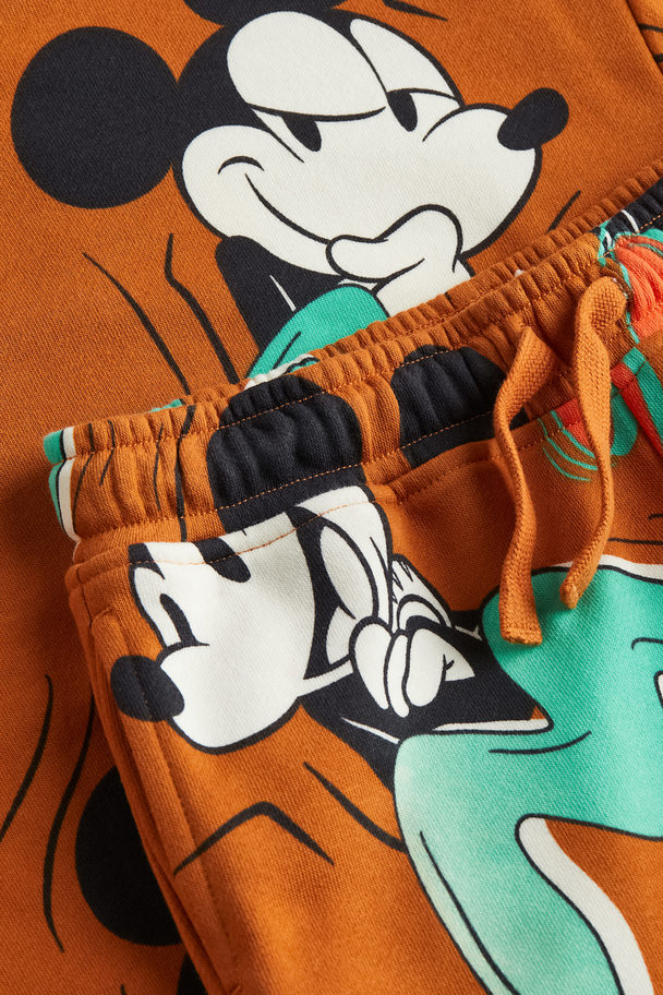 H&M 2-piece Printed Sweatshirt Set Dark Orange/mickey Mouse
