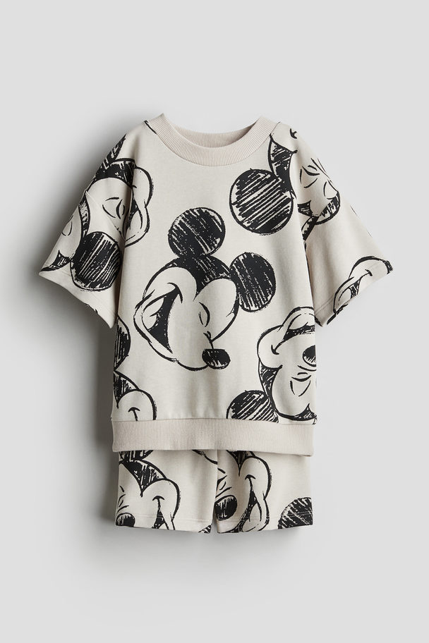H&M 2-piece Printed Sweatshirt Set Greige/mickey Mouse