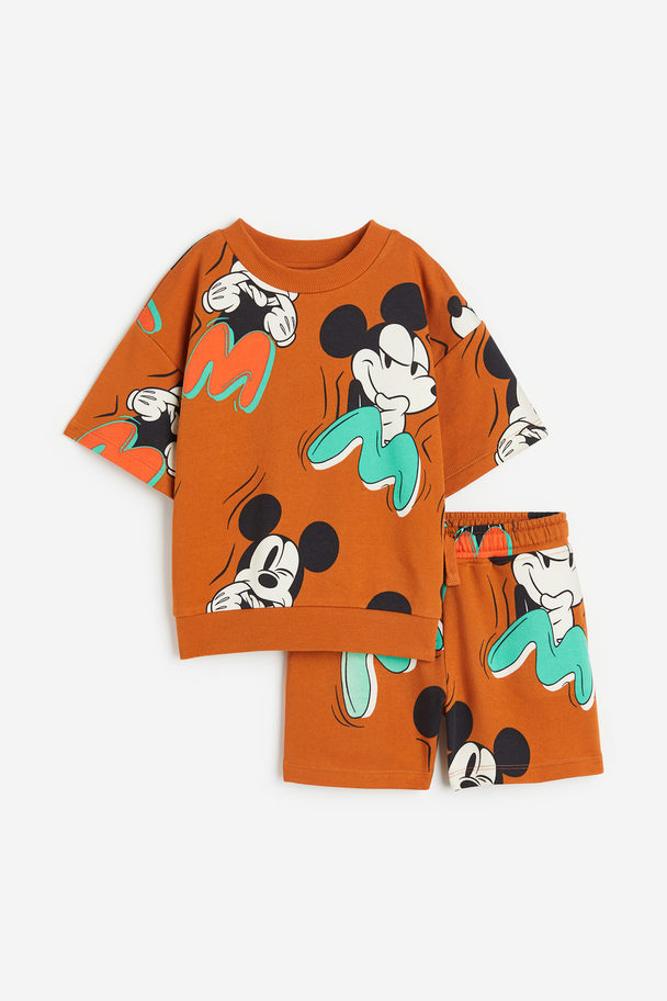 H&M 2-piece Printed Sweatshirt Set Dark Orange/mickey Mouse