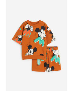 2-piece Printed Sweatshirt Set Dark Orange/mickey Mouse