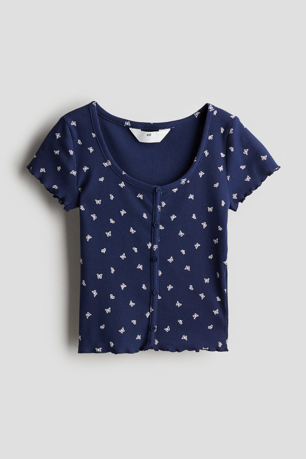 H&M Ribbed T-shirt Dark Blue/butterflies