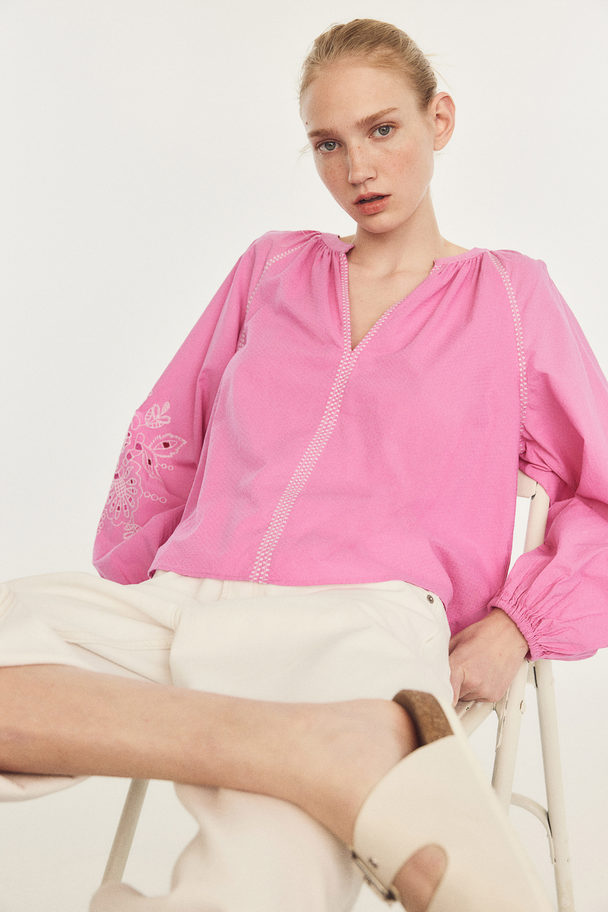 H&M Embroidered Balloon-sleeved Blouse Pink/white