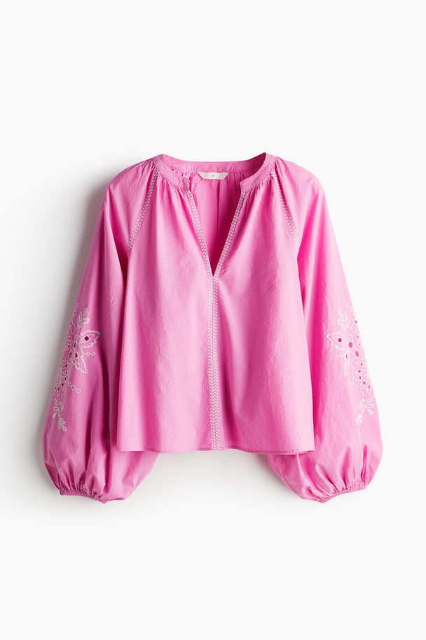 H&M Embroidered Balloon-sleeved Blouse Pink/white