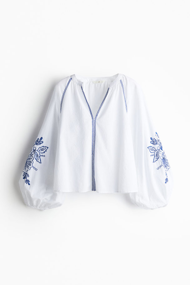 H&M Embroidered Balloon-sleeved Blouse White