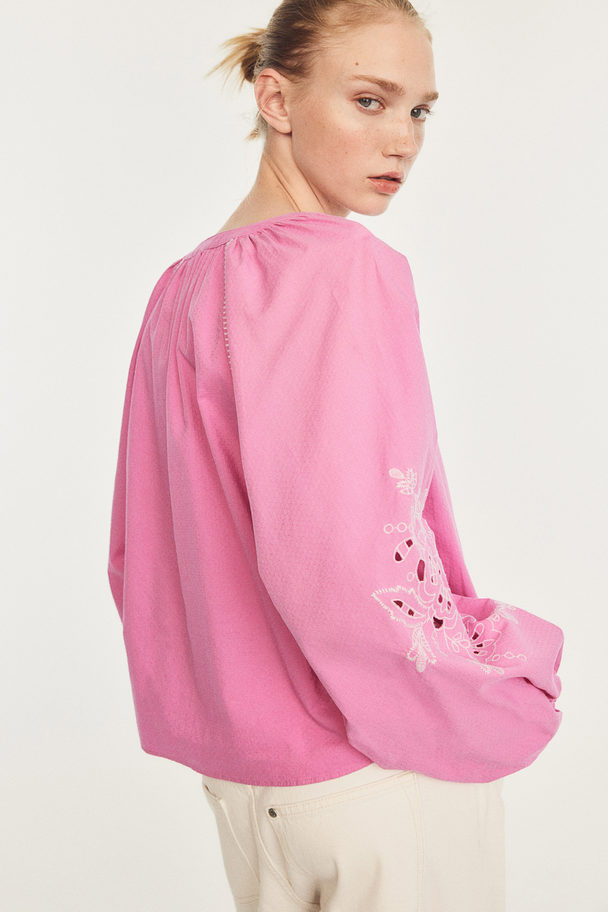 H&M Embroidered Balloon-sleeved Blouse Pink/white