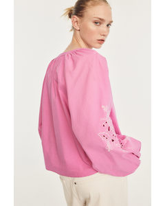 Embroidered Balloon-sleeved Blouse Pink/white