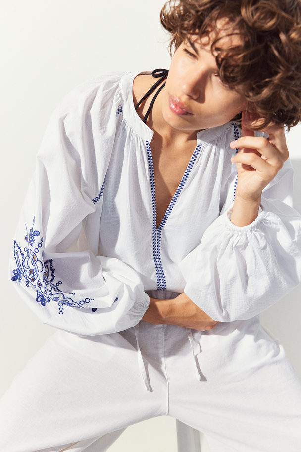 H&M Embroidered Balloon-sleeved Blouse White