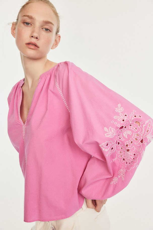 H&M Embroidered Balloon-sleeved Blouse Pink/white