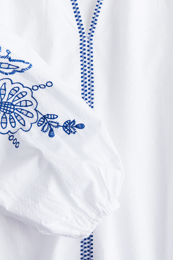 H&M Embroidered Balloon-sleeved Blouse White