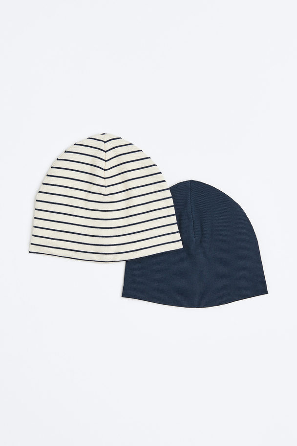 H&M 2-pack Ribbed Cotton Jersey Hats Dark Blue