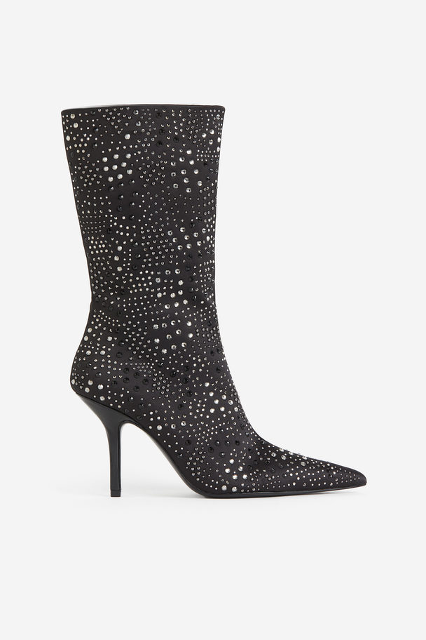 H&M Rhinestone-embellished Heeled Boots Black