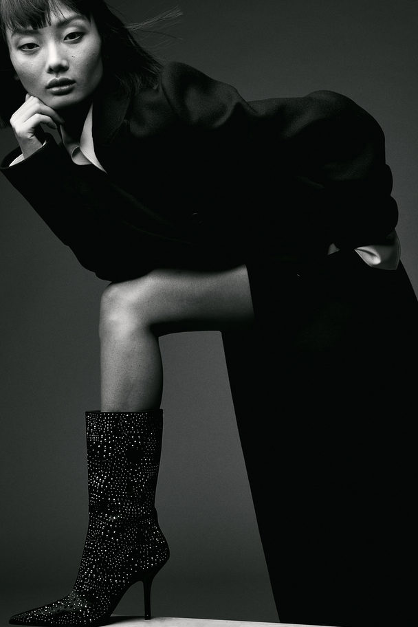 H&M Rhinestone-embellished Heeled Boots Black