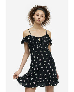 Flutter-sleeved Off-the-shoulder Dress Black/floral