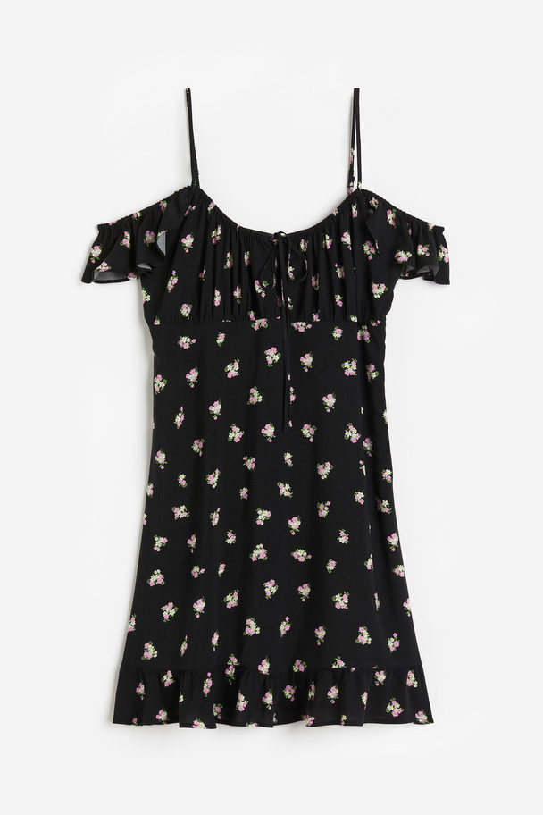 H&M Flutter-sleeved Off-the-shoulder Dress Black/floral