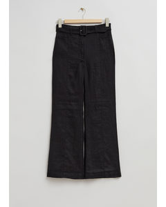 Flared Linen Trousers Black