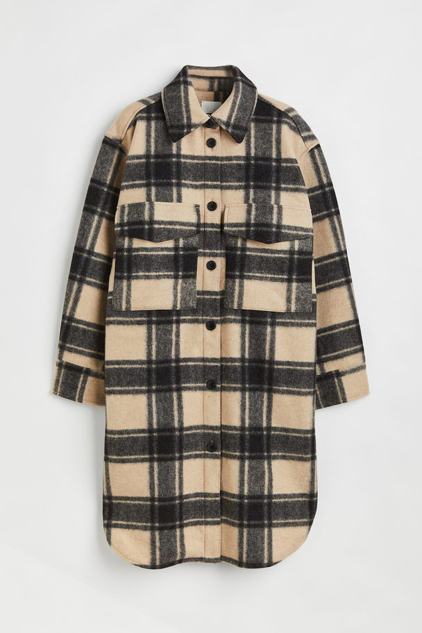 H&M Oversized Long Shacket Beige/checked
