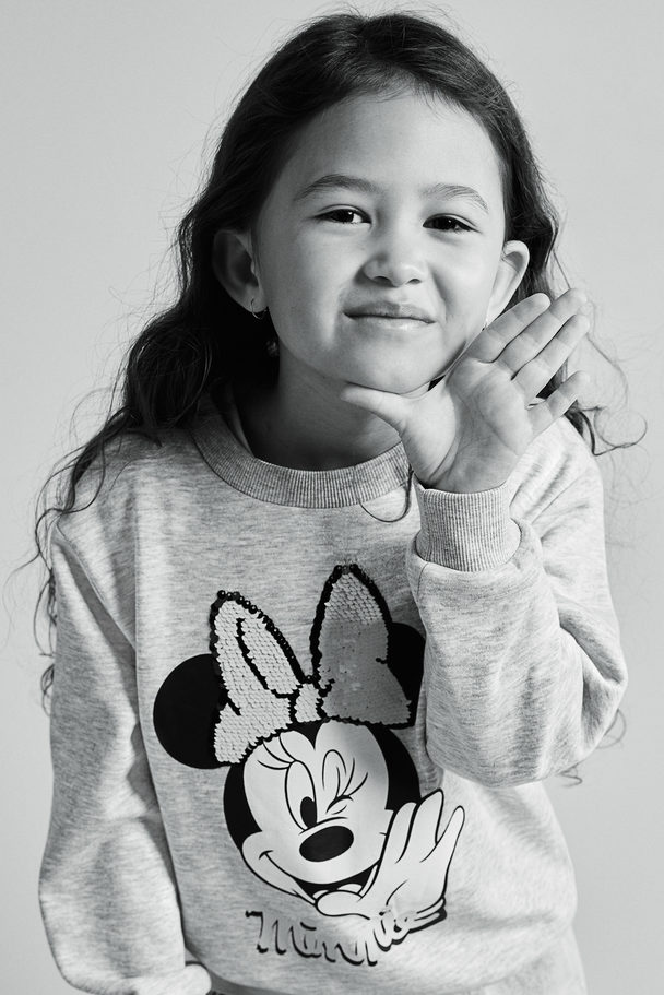 H&M Printed Sweatshirt Light Grey Marl/minnie Mouse