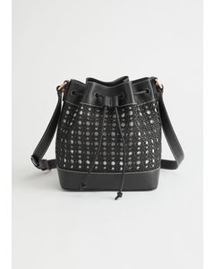 Braided Leather Bucket Bag Black