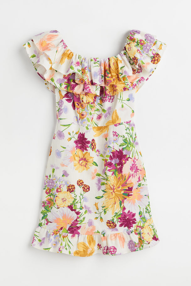 H&M Off-the-shoulder Flounced Dress White/floral