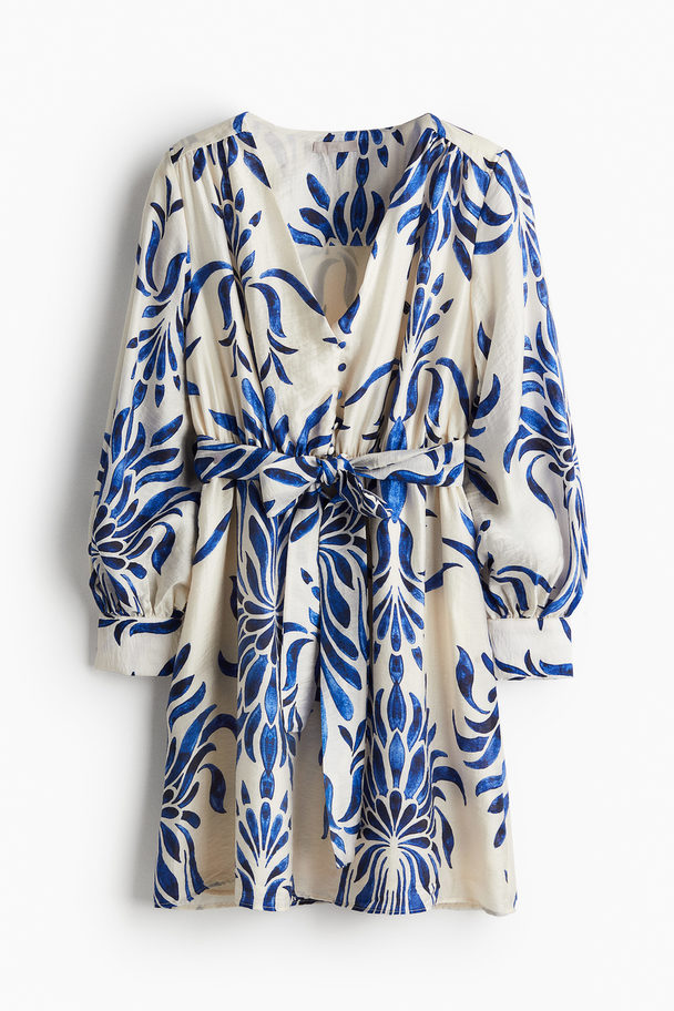 H&M Jurk Met Strikceintuur Roomwit/blauw Dessin