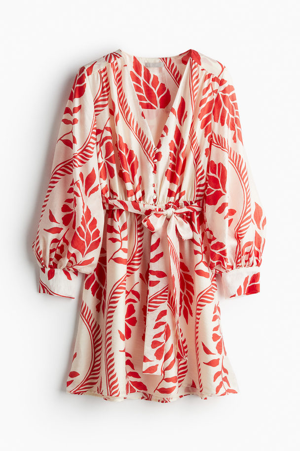 H&M Tie-belt Dress Cream/red Patterned