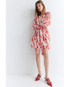 Tie-belt Dress Cream/red Patterned