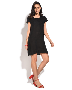 Round Collar Long Dress With Front Pleats And Short Sleeves