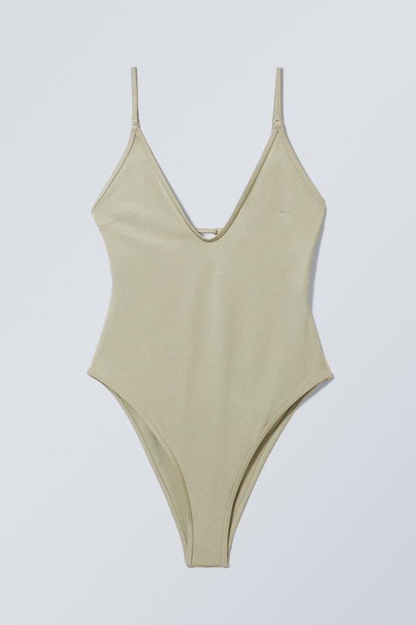 Weekday Open Back Swimsuit Light Khaki Green