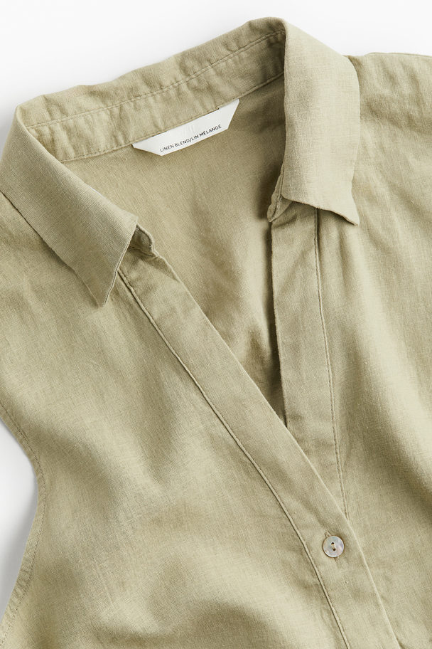 H&M Sleeveless Linen-blend Shirt Light Khaki Green