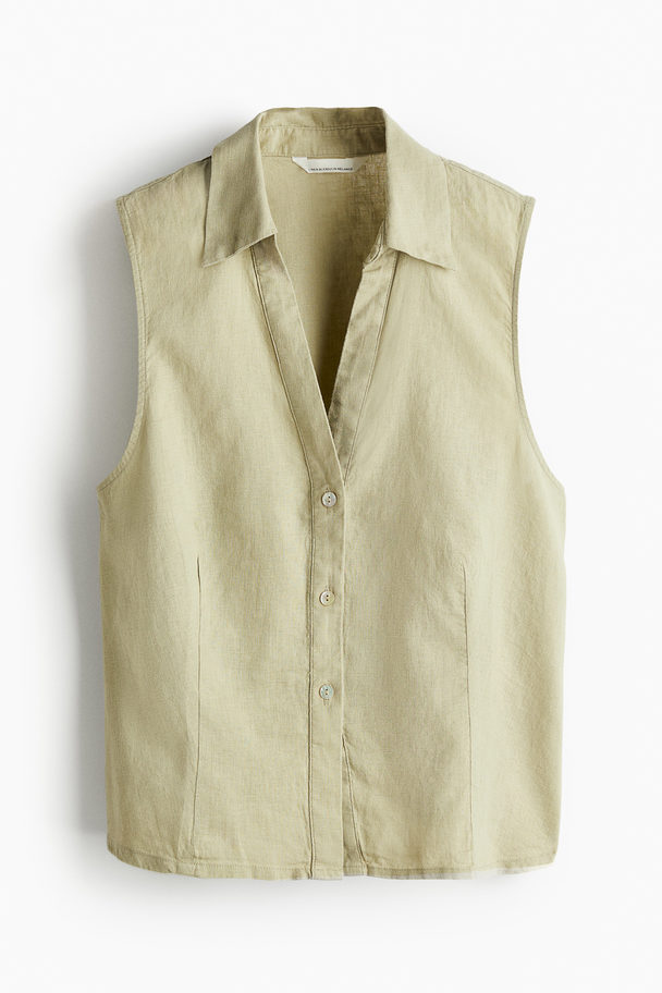 H&M Sleeveless Linen-blend Shirt Light Khaki Green