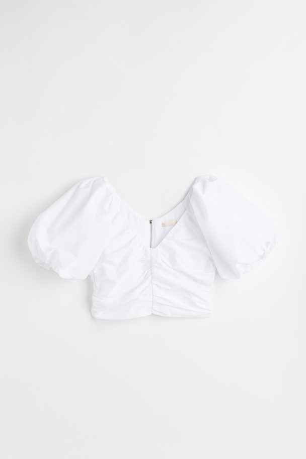 H&M Gathered Puff-sleeved Top White