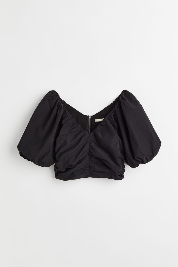 H&M Gathered Puff-sleeved Top Black