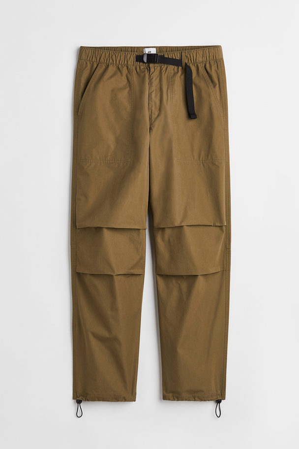 H&M Relaxed Fit Belted Trousers Dark Khaki Green
