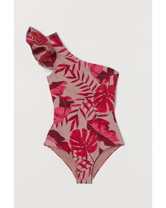 H&M One-shoulder Swimsuit Beige/leaf Print