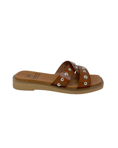 Victoria Light Brown Leather Wedge Sandal With Rivets
