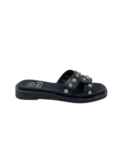 Victoria Black Leather Wedge Sandal With Rivets