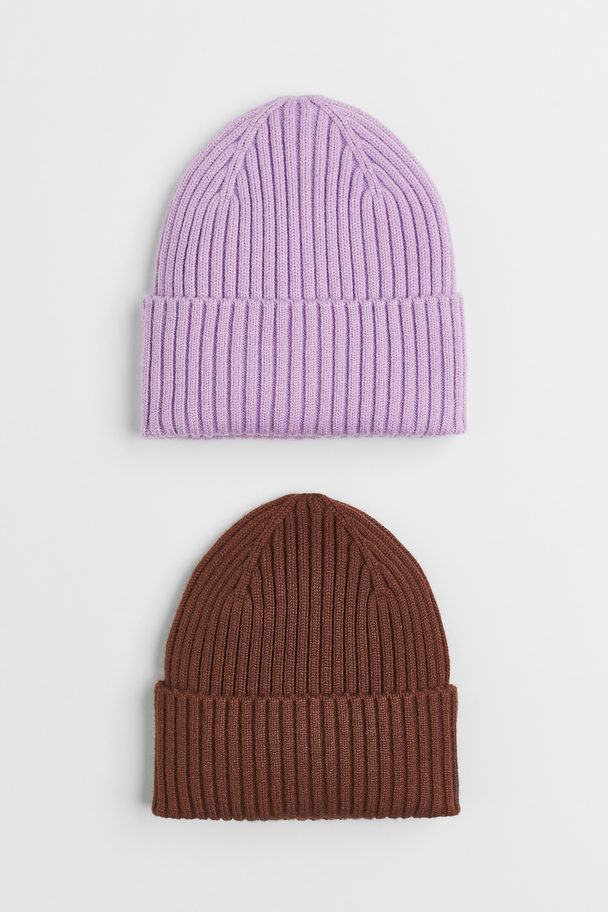 H&M 2-pack Rib-knit Hats Light Purple/brown