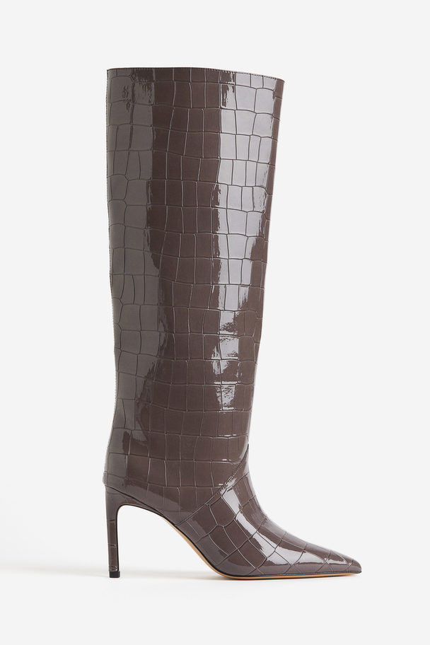 H&M Kniehoge Boots Met Hak Donkergrijs/krokodessin
