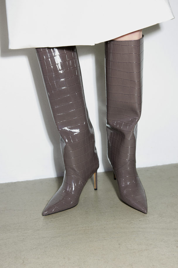 H&M Kniehoge Boots Met Hak Donkergrijs/krokodessin