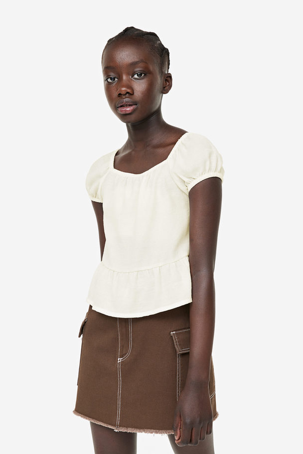 H&M Puff-sleeved Peplum Blouse White