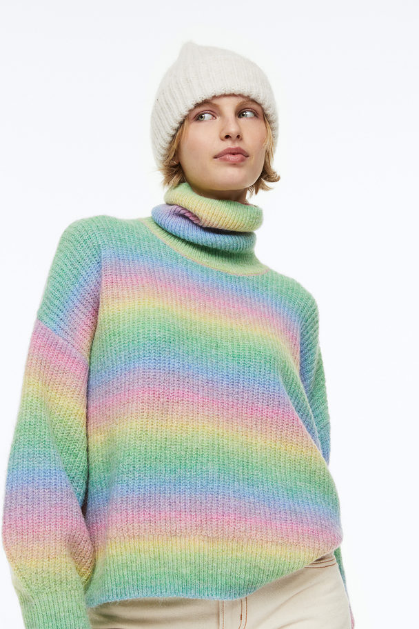 H&M Rib-knit Polo-neck Jumper Blue/rainbow-striped