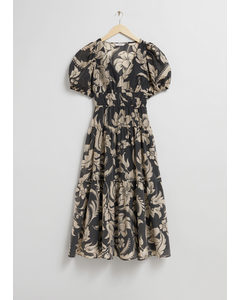 Tiered Midi Dress Black/beige Floral Print